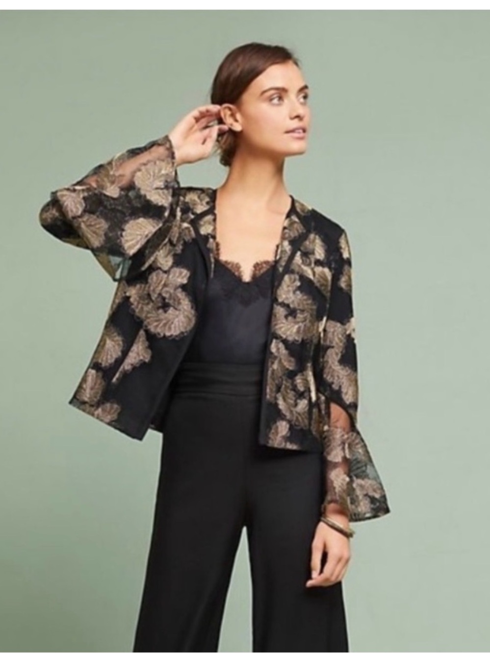 Anthropologie Black Sheer jacket / blazer with Gold Floral Jacquard